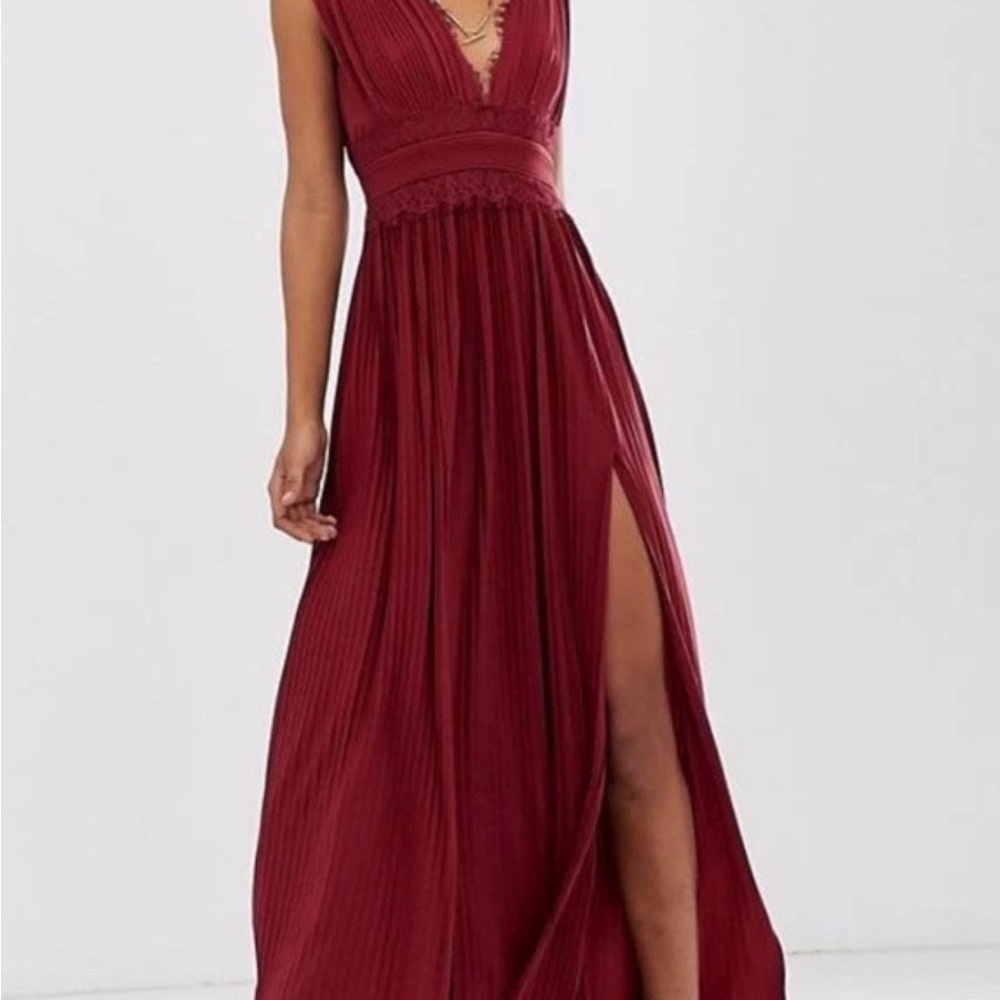 ASOS Design Burgundy Deep Red  Lace Insert Pleated Double Splits Maxi Dress Sz 6
